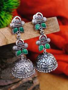 Toucher indien oxydé argent Jhumka boucles d'oreilles pour femmes filles fait à la main pierre rose bijoux de mode ethnique accessoire à la mode - Product Image 3