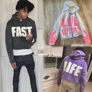 เสื้อฮู้ดผู้ชายแบบมีซิปผ้าซักลายกรดซีดจางมีฮู้ดผ้าปะติด - Product Image 1