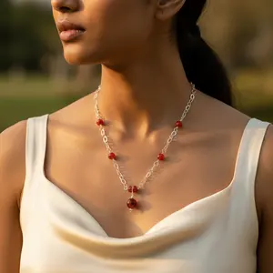 Collier pour femme en argent avec perles de cornaline et pierre précieuse rouge, motif croix plaqué or, bijoux religieux tendance avec diamant et perle - Product Image 1