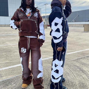 Wholesale Custom <b>Men</b> Streetwear 100% Cotton Tracksuits Vintage Acid Wash Distressed Embroidery Flared Sweatpants and <b>Hoodie</b> Set - Product Image 1