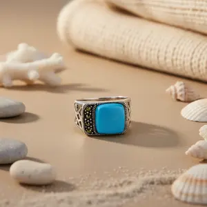 Bague signet tendance en or rose plaqué pour homme avec incrustation de pierre turquoise - Product Image 1