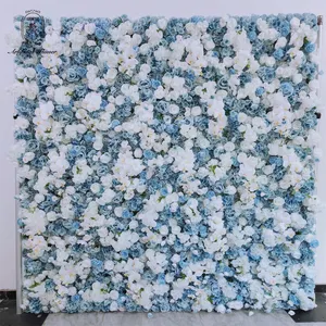 2024 mới 3D nhân tạo màu trắng ánh sáng màu xanh Bướm Phong Lan Rose Hydrangea dây kéo cuộn lên Hoa Tường 8x8 cho trang trí đám cưới