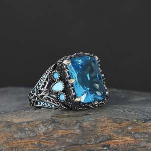 Anillo Azuris de Alta Calidad Estilo Otomano para Hombre en Plata de Ley 925 con Piedra de Ágata Yamen Natural Hecho en Turquía - Product Image 2