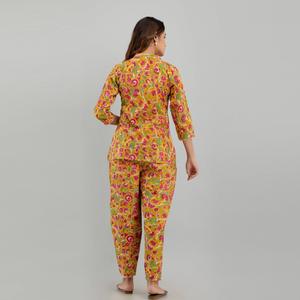 Women's Mustard Cotton Floral Print Sleep Dress ODM Casual Night <b>Suit</b> Button Closure Custom Logo Soft Woven Animal Cartoon - Product Image 2