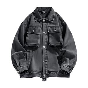 Custom Logo Unisex High Street <b>Canvas</b> Breathable Stylish Washed Winter Stand Collar Front Logo Regular Denim <b>Jacket</b> - Product Image 1