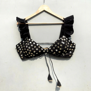 <b>Black</b> Floral <b>Sequin</b> Embroidery Bralette <b>Top</b> with Bow Collar Short Length Handwork Knitted Clothing with Hollow Tassel - Product Image 1