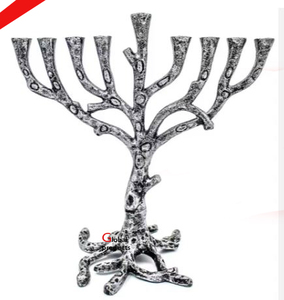 silver finished metal stainless steel 9 branch candelabra menorah with star design for <b>home</b> <b>temple</b> - Product Image 4