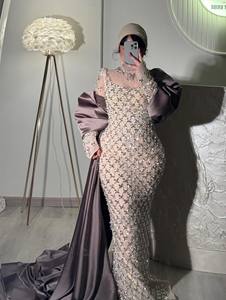 Robe de soirée sirène élégante avec strass, manches lanternes, respirante, soutien-gorge intégré, traîne longue, longueur ras du sol - Product Image 1