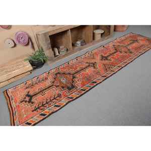 Ethnic Vintage Turkish Rug <b>Red</b> 2.7 X 11.2ft Large Area <b>Wool</b> Latex Rectangular Abstract Patchwork Hallway Design 10mm Room Rug - Product Image 5