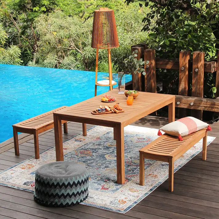 Meditama-Gärten-Esstisch-Set aus massivem Teakholz mit 2 langen Bänken und natürlicher Oberfläche
