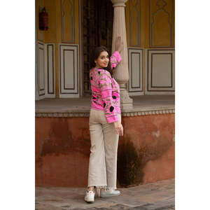 Handmade Embroidery <b>Reversible</b> <b>Jacket</b> for Ladies Satin Leather Outerwear Linen Lining Quilted Boho for Autumn Spring Winter - Product Image 1