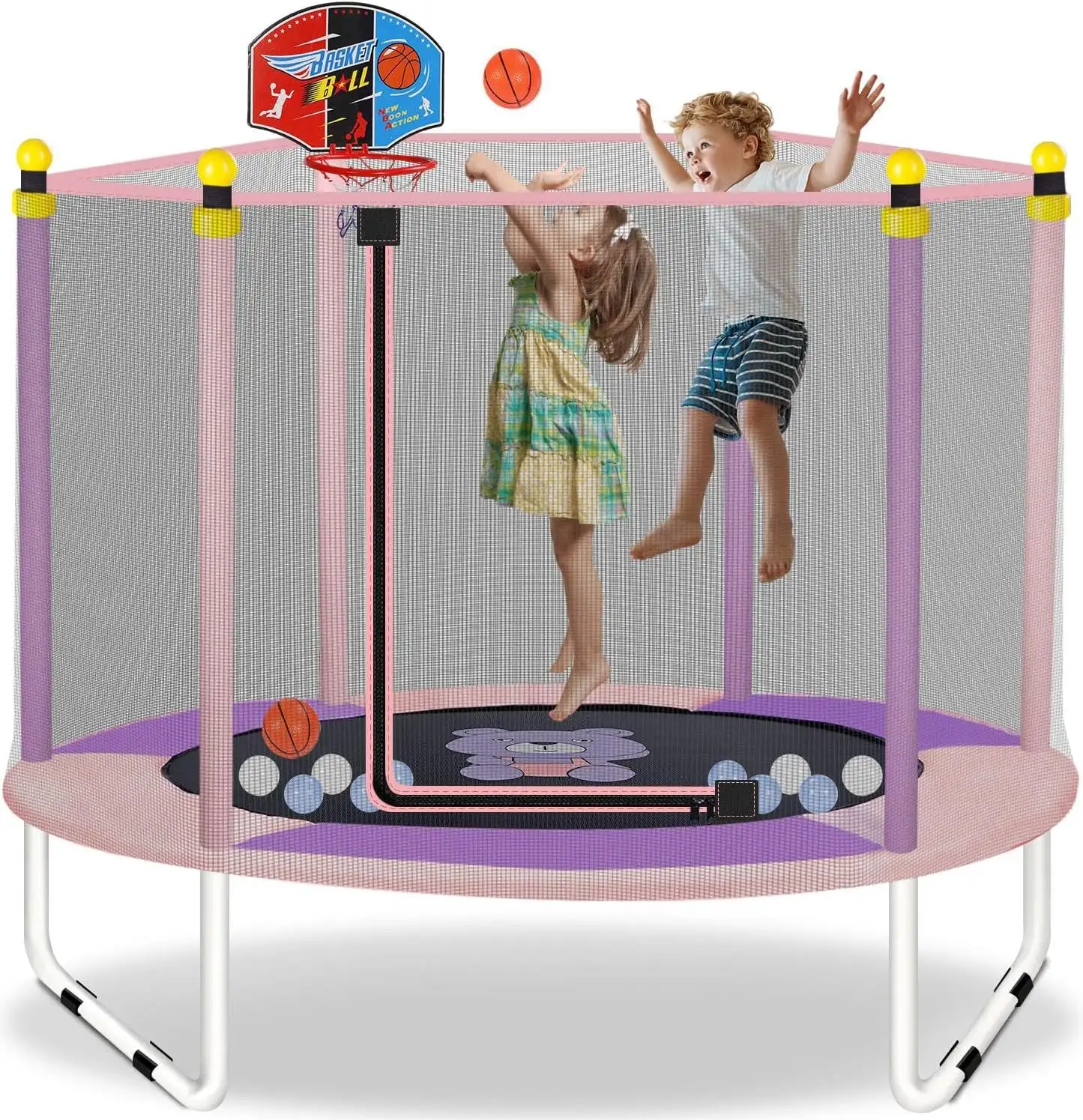 Kids Trampoline with Safety Enclosure Net, Outdoor/Indoor Kids Trampoline with Basketball Hoop