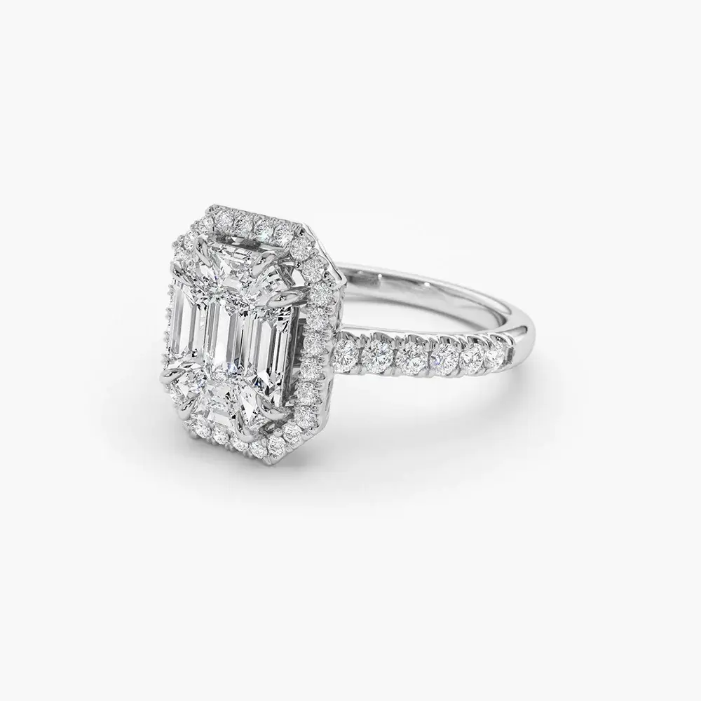 Bague de fiançailles en diamant taille émeraude 10K or blanc Double griffe Halo anneau de mariage acheter des bijoux fins de qualité supérieure pour femmes