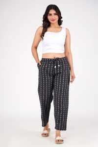 South กางเกงผ้าคอตตอนพิมพ์ลายสำหรับผู้หญิง, กางเกงสีดำ Kantha ผ้าฝ้ายผ้าฝ้ายตัดระบายอากาศสไตล์ลำลองเอวกลางกลางกลางที่มีความยืดหยุ่น - Product Image 2