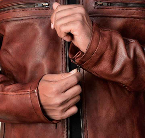 Custom Logo Men's Autumn Genuine Leather Vintage Stand Collar <b>Sherpa</b> <b>Lined</b> <b>Jacket</b> with Front Logo DDP Shipping - Product Image 3
