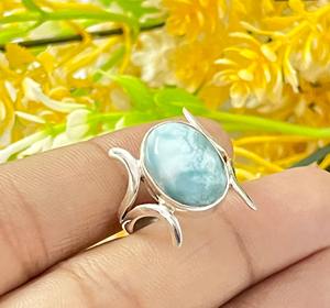 Handmade <b>Boho</b> Natural Larimar Gemstone Women's <b>Silver</b> Statement <b>Ring</b> Oval Cut Diamond Bezel Setting for Weddings - Product Image 3