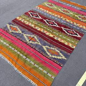 พรมคิลิมตุรกีขนาดใหญ่ 5.4x8.9 ฟุต (166x272 ซม.) พรมอิคัตสีส้มวินเทจ - Product Image 2