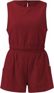 Ensemble d'été 2 pièces pour femmes Ensembles en coton et lin Coupe ample Col rond Sans manches Débardeurs élastiques Taille haute Ensemble short - Product Image 4