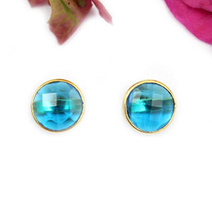 Unique Fashion Swiss Blue Hydro Quartz Round Shape 8 MM 24K Gold Plated Bezel <b>Stud</b> <b>Earrings</b> For Women Wholesale Jewelry Party - Product Image 1
