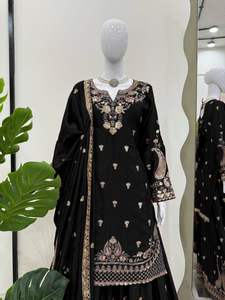 Elite Designer Fashion sharara Chinon Silk Couture Set con intrincadas lentejuelas que fluyen Plazo y encaje detallado Dupatta - Product Image 3