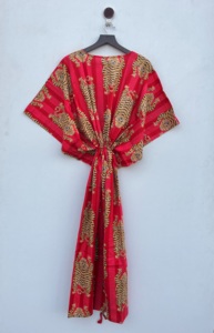 Tigre rojo impreso 100% algodón Floral cuello en V Kaftan Vestido ligero de las mujeres sueño/noche/playa Bikini Wrap hecho a mano hasta el suelo - Product Image 5