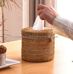 ARTISAN CRAFT Round <b>Rattan</b> Tissue <b>Box</b> Handmade Classic Design Natural Color Customizable Size & <b>Storage</b> - Product Image 1