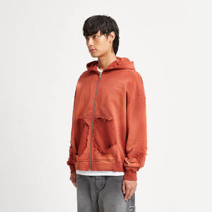 Sweats à capuche personnalisés en coton mélangé pour hommes en détresse imprimé lavé à l'acide sweat à capuche surdimensionné avec fermeture éclair coupe carrée Streetwear avec strass pour hommes - Product Image 3