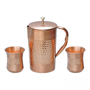 Pichet en métal en cuivre pur à moitié martelé de la meilleure qualité avec verre en cuivre pour boire des cruches d'eau en cuivre - Product Image 2