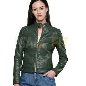 MAXFIT ENTERPRISES Vestes d'hiver en cuir PU vert pour femmes, faites à la main, confortables avec tissu en toile imprimé de logo personnalisé - Product Image 1