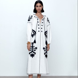 Vestido Midi informal de algodón para mujer, vestido largo holgado bohemio bordado con flores, 100% - Product Image 1