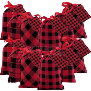 Bolsa con cordón a cuadros rojo y negro de algodón, saco de almacenamiento para regalo de Navidad, favores de fiesta, 20 etiquetas de Navidad, 6 piezas - Product Image 6