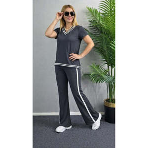 Conjunto de Dos Piezas para Mujer, Blusa de Manga Corta con Cuello en V de Viscosa de Dos Hilos y Pantalones, 35482 - Gris - Product Image 2