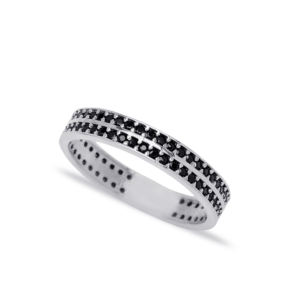 Anillo de Boda para Mujer, Diseño de Doble Hilera con Piedras de Circonita Cúbica Negra, Chapado en Rodio, Plata de Ley 925, Joyería Turca - Product Image 6