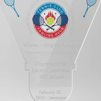 Trophée de badminton en acrylique personnalisé, gravé et poli, de haute qualité et durable, imprimé en typographie, pour événements sportifs, récompenses pour les joueurs, Mukesh