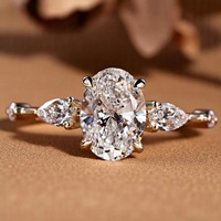 Bague de fiançailles en or massif 14K/18K avec diamant de laboratoire ovale 0,5-3 carats, trois pierres et pierres latérales en forme de poire, certifiée IGI VVS, personnalisable CVD/HPHT