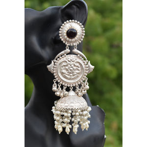 Nouvelle conception, boucles d'oreilles créoles jhumka en laiton aspect argent, faites à la main, style traditionnel, avec pierres, pour filles et femmes - Product Image 3