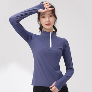Haute qualité 180gsm 85% Polyester 15% Spandex quart fermeture éclair pouce boucles ourlet sinueux à manches longues hauts actifs Yoga Gym chemise pour les femmes - Product Image 1