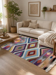 Alfombra Kilim de Algodón Tejida a Mano, Gruesa, Moderna, Multicolor, con Diseño de Diamantes y Flecos, para Dormitorio o Sala de Estar - Product Image 3