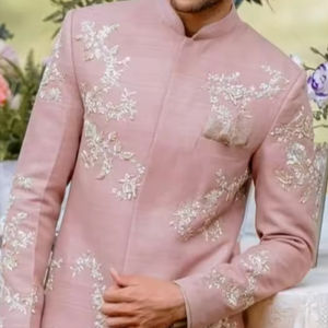 2024 nuevo bordado de seda cruda Rosa Sherwani pantalón de talla grande zapato con cristal Beadssstone Dabka trabajo transpirable característica - Product Image 1