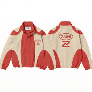 Women And Men Windbreaker <b>Jacket</b> 120 GSM Micro Polyester Lightweight Cream <b>Red</b> Contrast Panel Custom Logo OEM ODM Factory Made - Product Image 1