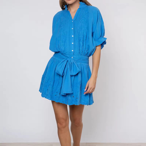 Elegant Blue Paisley Embroidery Blouson Dress 100% Cotton Midi Length Loose Waist V-neck Bohemian Tassel <b>Slip</b> Cut Woven Design - Product Image 1