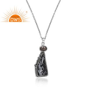 Meilleure vente 925 argent Sterling naturel flocon de neige obsidienne et noir rutile pierre pendentif collier personnalisé fabricant de bijoux - Product Image 2