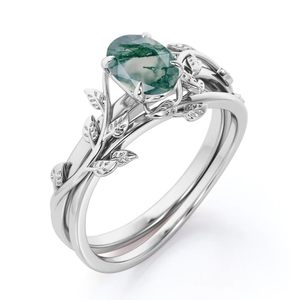 Anillo de promesa solitario clásico de Plata de Ley 925, anillo de bodas de rodio blanco moissanita de ágata de musgo de corte ovalado de 1 quilate grabado - Product Image 1