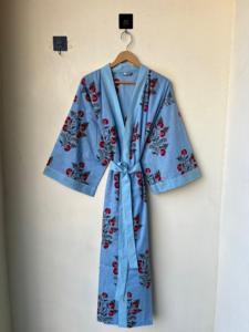 Pur coton bloc imprimé Floral col en v genou longueur écologique Robe de demoiselle d'honneur vêtements de nuit Kimono à la main couverture de plage Dressing - Product Image 5