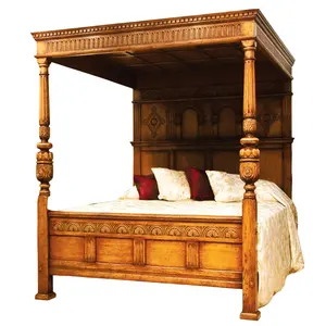 Красивая старинная классическая роскошная деревянная кровать размера «King-Size» с резьбой и колоннами, стул, шкаф, диван для гостиной, резные кровати