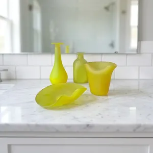 Four Piece Luxury Bathroom <b>Set</b> Frosted Yellow Murano Glass Plastic Made Italy Includes Tumbler Bottle <b>Soap</b> Dish Decorative - Product Image 1