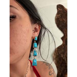 Gregg Yazzie Kingman Turquoise & Sterling Silver Drop <b>Earrings</b> Geometric <b>Post</b> Dangle Design - Product Image 2