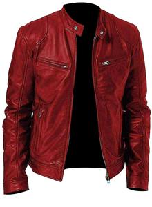 Veste en cuir véritable pour homme Elite, rouge, style bombardier de moto, avec fermeture éclair, coupe ajustée, vêtement de moto pour l'hiver - Product Image 2