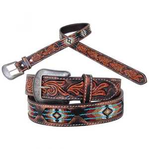100% American Cow Hide Designer Western Beaded <b>Belt</b> with Hand Tooled <b>Work</b> for Men & Women Western <b>Belt</b> - Product Image 5