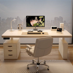 Modern Luxury Leather <b>Electric</b> <b>Standing</b> <b>Desk</b> with Dual Motor Solid Wood Rectangular Office Computer <b>Desk</b> - Product Image 1